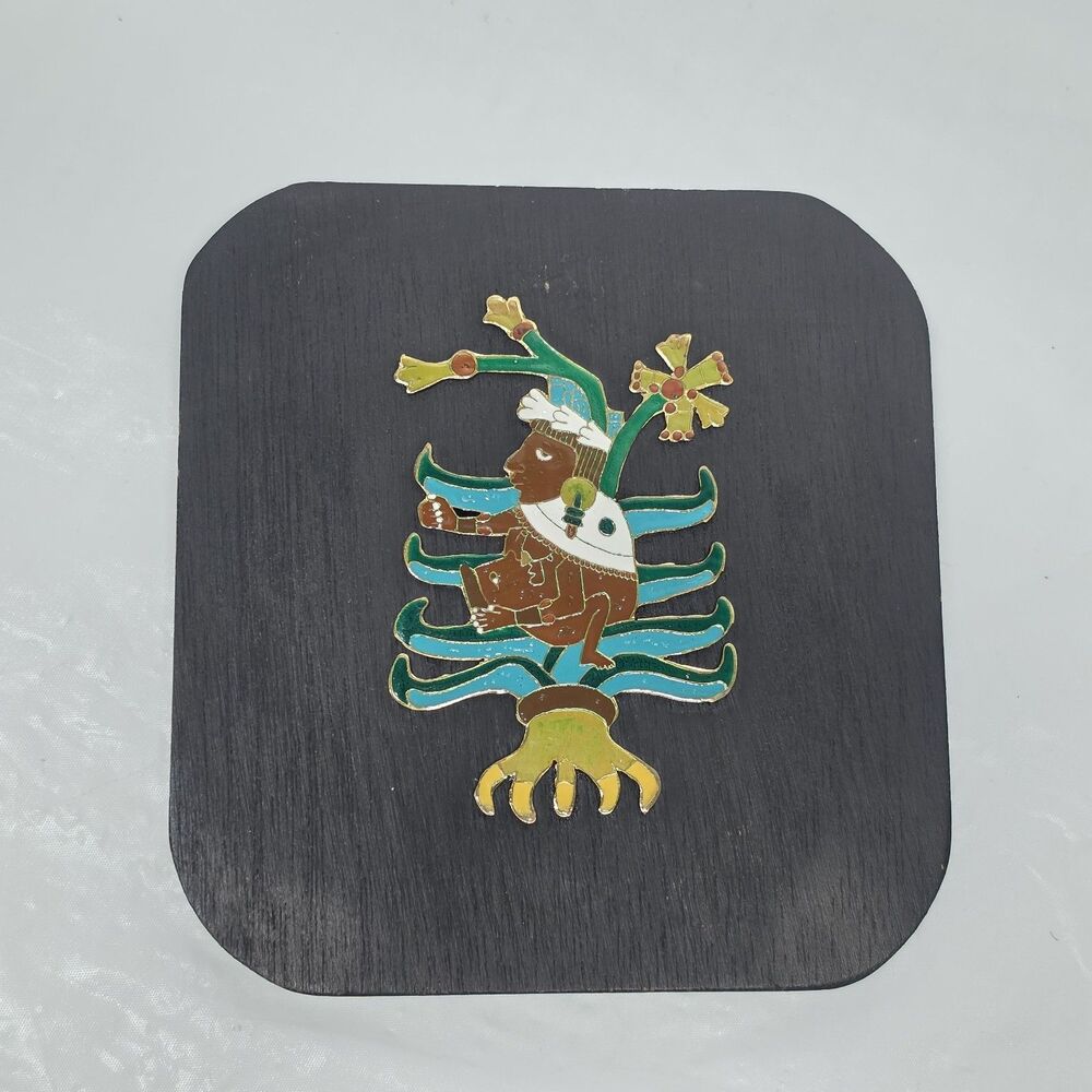 Vintage Mexican Wooden Plaque Enameled Mayahuel God Of Fertility Aztec Mayan